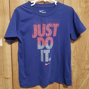 NIKE Just Do It T-Shirt Pink Logo Kids Size 7 Blue Tee Cotton Blend